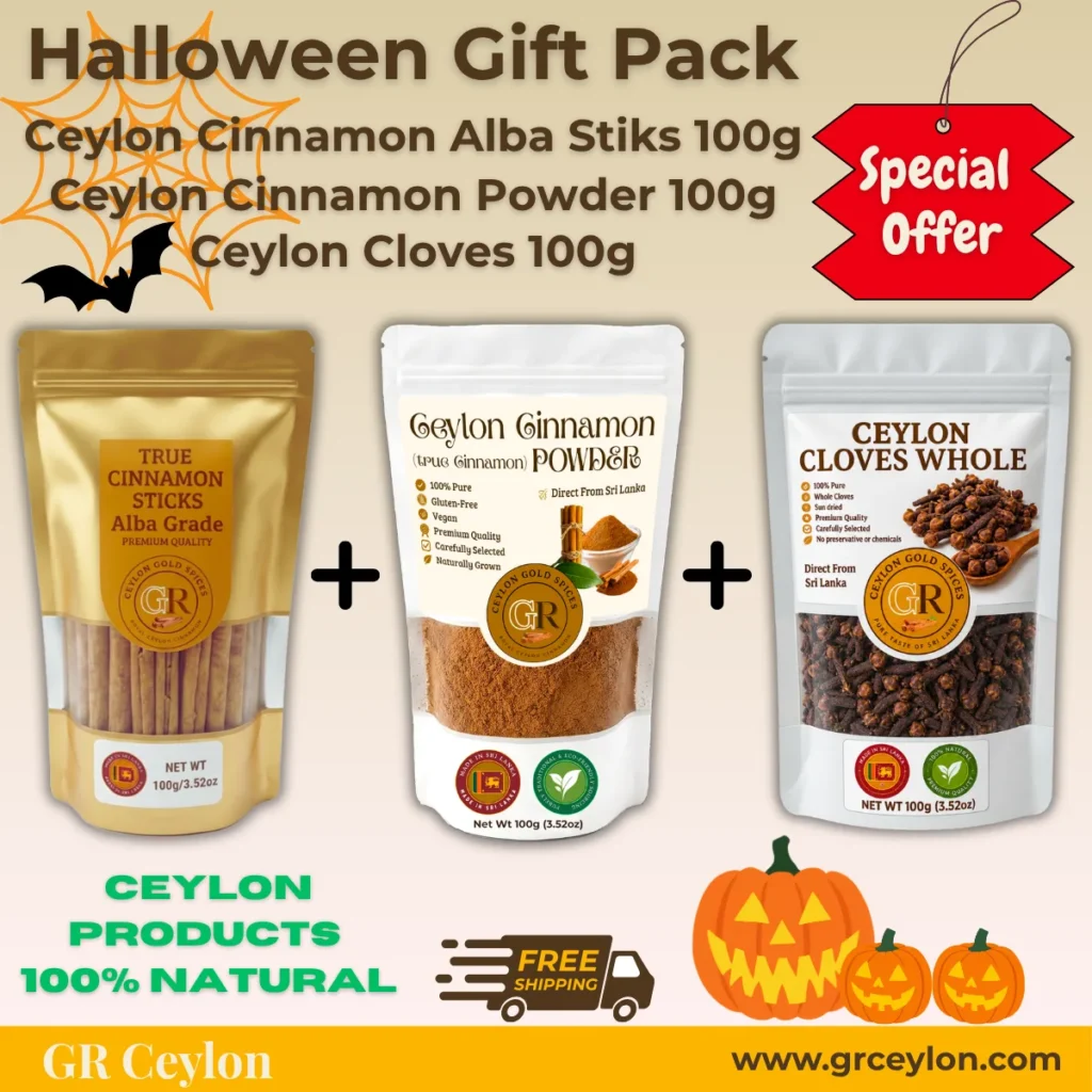 Halloween Gift Pack 17% OFF Limited Offer – Ceylon Cinnamon Sticks Alba 100g, Ceylon Cinnamon Powder 100g & Whole Cloves 100g